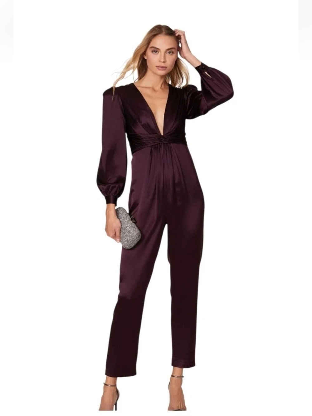 Ieena For Mac Duggal A2647 Plunging Neckline Jumpsuit In Plum Size 2 NWT